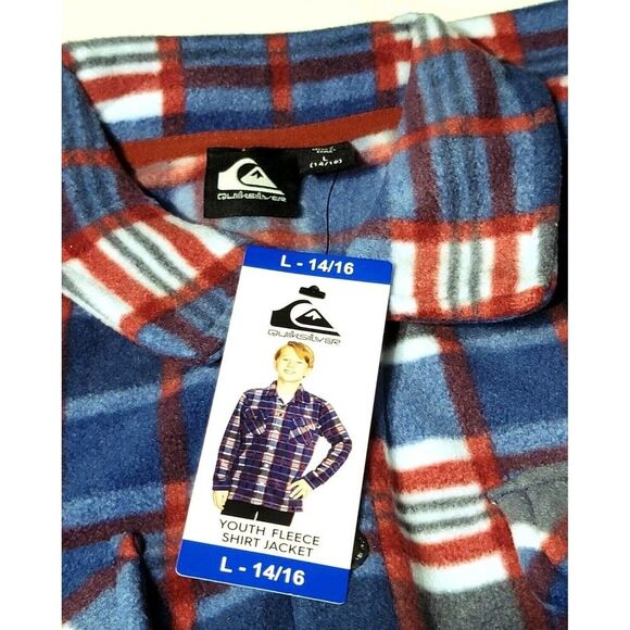 Quiksilver Boy's L (14/16) Fleece Shirt Jacket Shacket Pockets Snap Blue Plaid - Picture 11 of 12